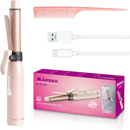 SOONHUA 3/4 Inch 19mm Cordless Mini Curling Iron, 2 in 1 Hair Straightener Curler, Portable Travel Curling Wand 2 Temp Settings, USB Rechargeable Ceramic Styling Tool for Women, All Hair Types, Pink