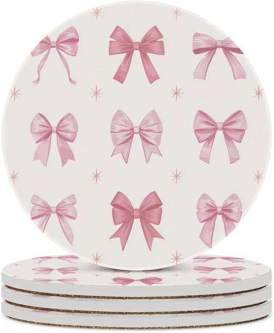Nine Light Pink Bows Coasters Set of 4 Absorbent Coasters