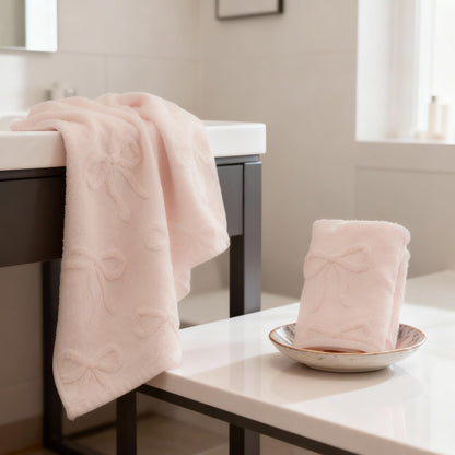 Artoid Mode 2 Pcs Pink 3D Bowknot Jacquard Hand Towels for Bathroom, 100% Cotton Soft Absorbent Bathroom Decor Towels, 13.7 x 29.5 Inch
