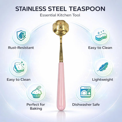 Flower Shaped Teaspoon Stainless Steel Tableware with Pink Handle, 5.1in Dessert Spoon - Elegant Rose Design, Comfortable Grip for Ice Cream & Tea (Pink Handle)