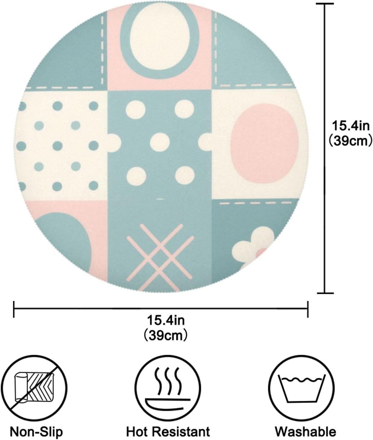 Patchwork Pattern Flowers Pastel Peach Round Outdoor placemats Rustic Reusable placemat individuales para mesa de comedor Rose Gold 15.4x15.4in Set of 6
