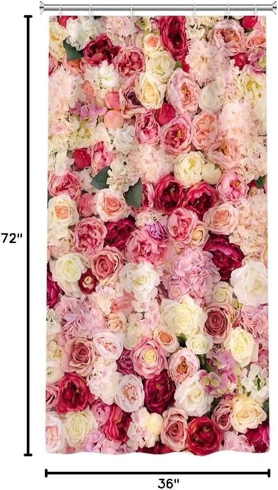 Floral Shower Curtain Red and Pink Rose Flowers Vivid Bright Spring Wedding Beautiful Women Bath Curtain Waterproof Polyester Fabric Bathroom Decor Set with Hooks 36x72inch
