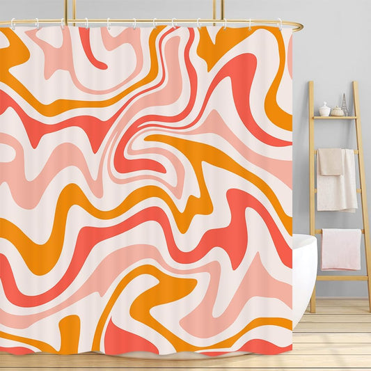 Cute Orange Shower Curtain, Boho Beige Pink Bath Curtain, Groovy Retro Spiral Swirl Pastel Vintage 70s 80s Minimal Teen Girls Aesthetic Abstract Wavy Bathroom Accessories with Hooks,72X72in