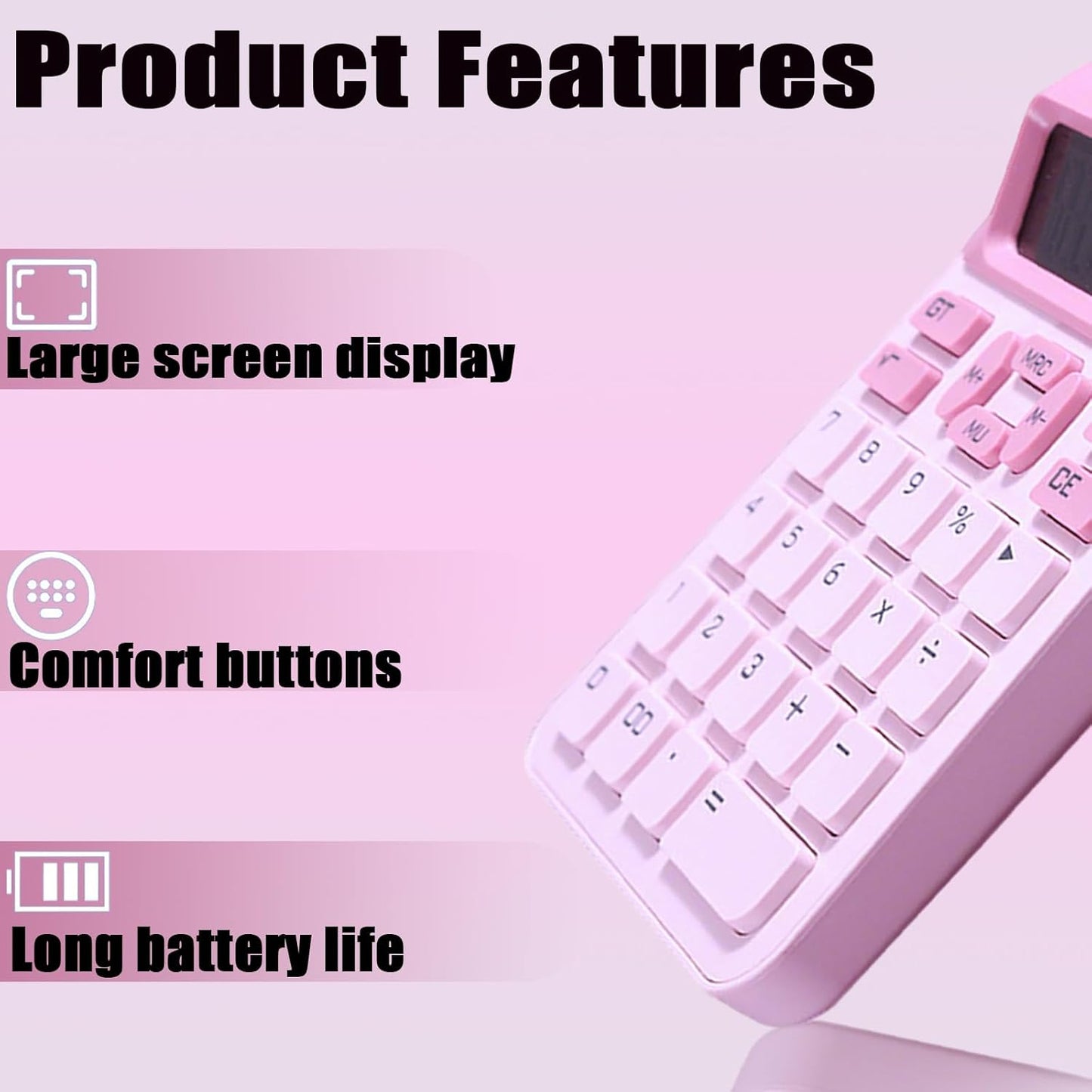 Cute Calculator with DIY Kitty Stickers, Pink Calculator 12 Digit Large LCD Display, Solar and Battery Powered, Office Accessories for Desk, Desktop Calculators for Office School (Pink)