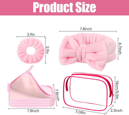 24Pcs Spa Sleepover Party Supplies for Girls,6 Spa Headbands 6 Clear Cosmetic Bags 6 Hair Ties 6 Face Towels,Sleepover Stuff for Valentine Galentine Party(Pink)