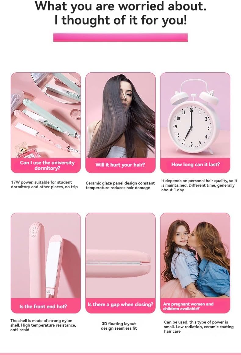Mini Straightener, Multi-Color Plates, Quick Heating, Damage-Free, Bangs Clip, Dual-use for Curling and Straightening (Pink)