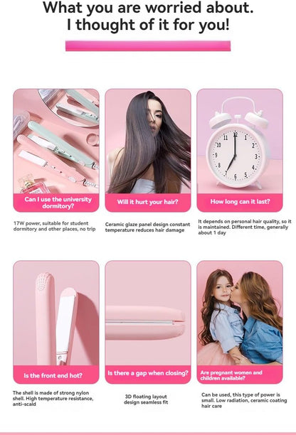 Mini Straightener, Multi-Color Plates, Quick Heating, Damage-Free, Bangs Clip, Dual-use for Curling and Straightening (Pink)