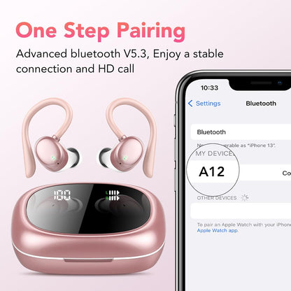 KT1 Bluetooth Headphones Wireless Earbuds 72hrs Playtime Wireless Charging Case Digital Display, Ear Buds with Earhook,IPX7 Waterproof, Deep Bass 2.0,Over-Ear Earphones for Sport Running