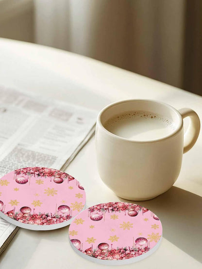 Christmas Flowers Coaster Set of 4 Light Ball Winter Snowflake Pink Drink Coasters with Holder Absorbent Ceramic Coaster for Table Dining Cup Mat for Kitche Cafe Bar Warming Gifts 4 Inches