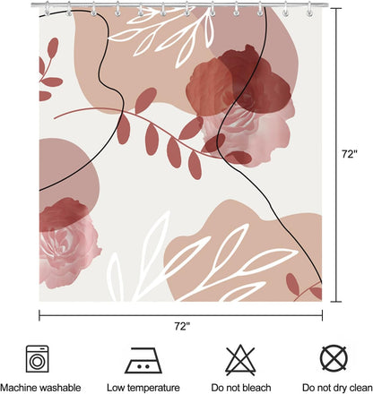 Abstract Boho Pink Brown Shower Curtain Mid Century Modern Minimalistic Leaves Aesthetic Shower Curtains for Bathroom Waterproof Polyester Fabric Bath Curtain 72 x 72 Inch with 12 Hooks