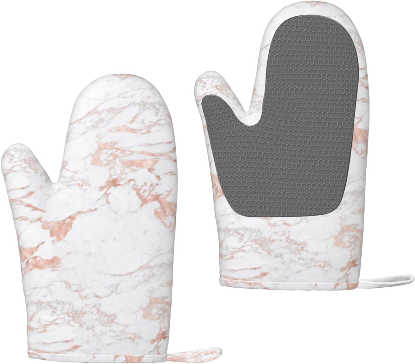 White and Rose Gold Foil Marble Oven Mitts 2 Pack Kitchen Heat Resistant Oven Gloves with Non-Slip Silicone Surface