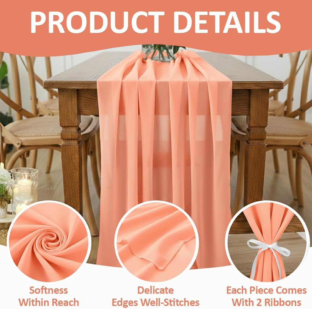 MDS Pack of 2 | Peach | 14ft Chiffon Table Runner 29x170 Inches Long Romantic Rustic Sheer Gauze Runner for Wedding Bridal Shower Birthday Banquets Engagement Spring Easter Boho Decorations