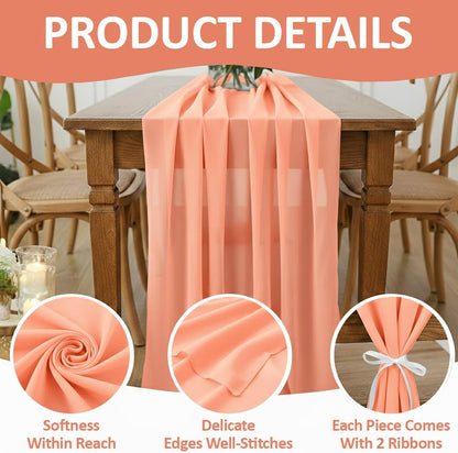 MDS Pack of 2 | Peach | 14ft Chiffon Table Runner 29x170 Inches Long Romantic Rustic Sheer Gauze Runner for Wedding Bridal Shower Birthday Banquets Engagement Spring Easter Boho Decorations