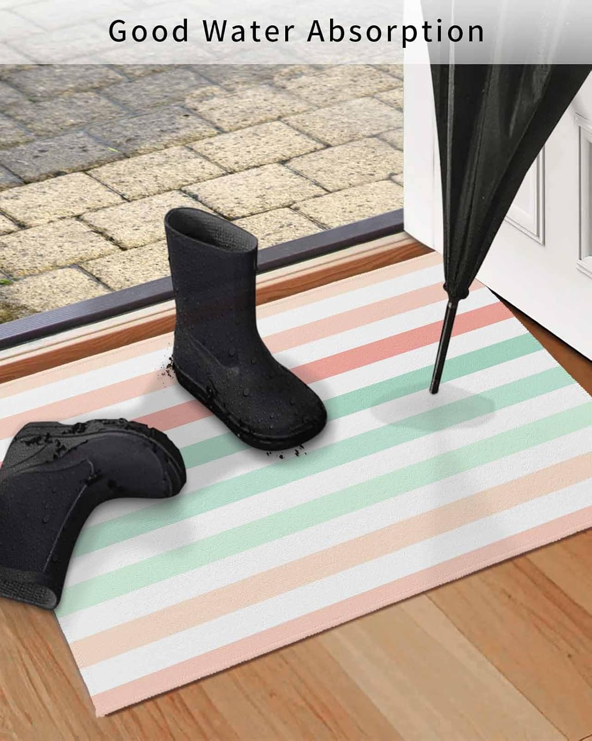 Front Door Mat Outdoor, Peach Pink Green Ombre Absorbent Non Slip Indoor Entry Rug, Farmhouse Stripe Modern Low-Profile Doormat Washable Rugs for Bathroom, Kitchen, 24x36in