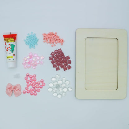 Fenzonmic DIY Photo Frame Craft Kit: Mosaic, Buttons, Stars & Bows, Customizable 4x6 Inch Wood Frame for Family Activity, Home Decor Gifts (Pink)