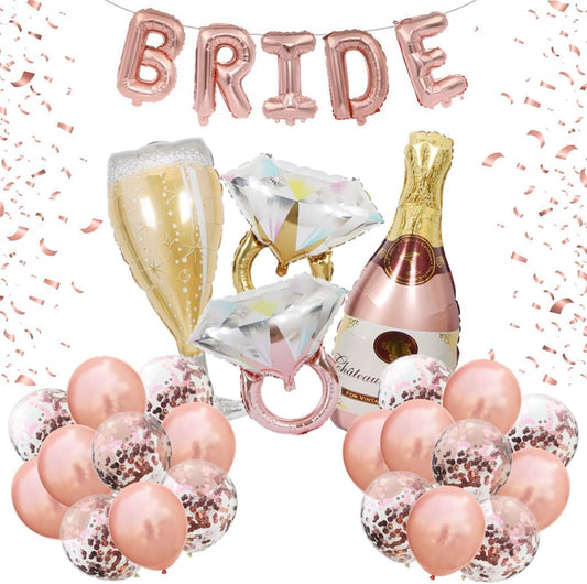 Bride Balloons Bachelorette Party Decorations Kit - Pack of 29 Include BRIDE Banner, Ring, Bottle, Glass Foil Balloon, Latex Balloon for Engagement Wedding Bridal Shower Decorations (Rose Gold)