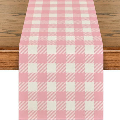 Easter Pink and White Buffalo Check Plaid Table Runner Gingham Pink Farm Birthday Party Decorations Home Kichen Dining Room Decor 13x72 Inch