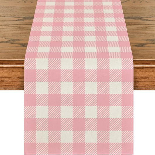 Easter Pink and White Buffalo Check Plaid Table Runner Gingham Pink Farm Birthday Party Decorations Home Kichen Dining Room Decor 13x72 Inch