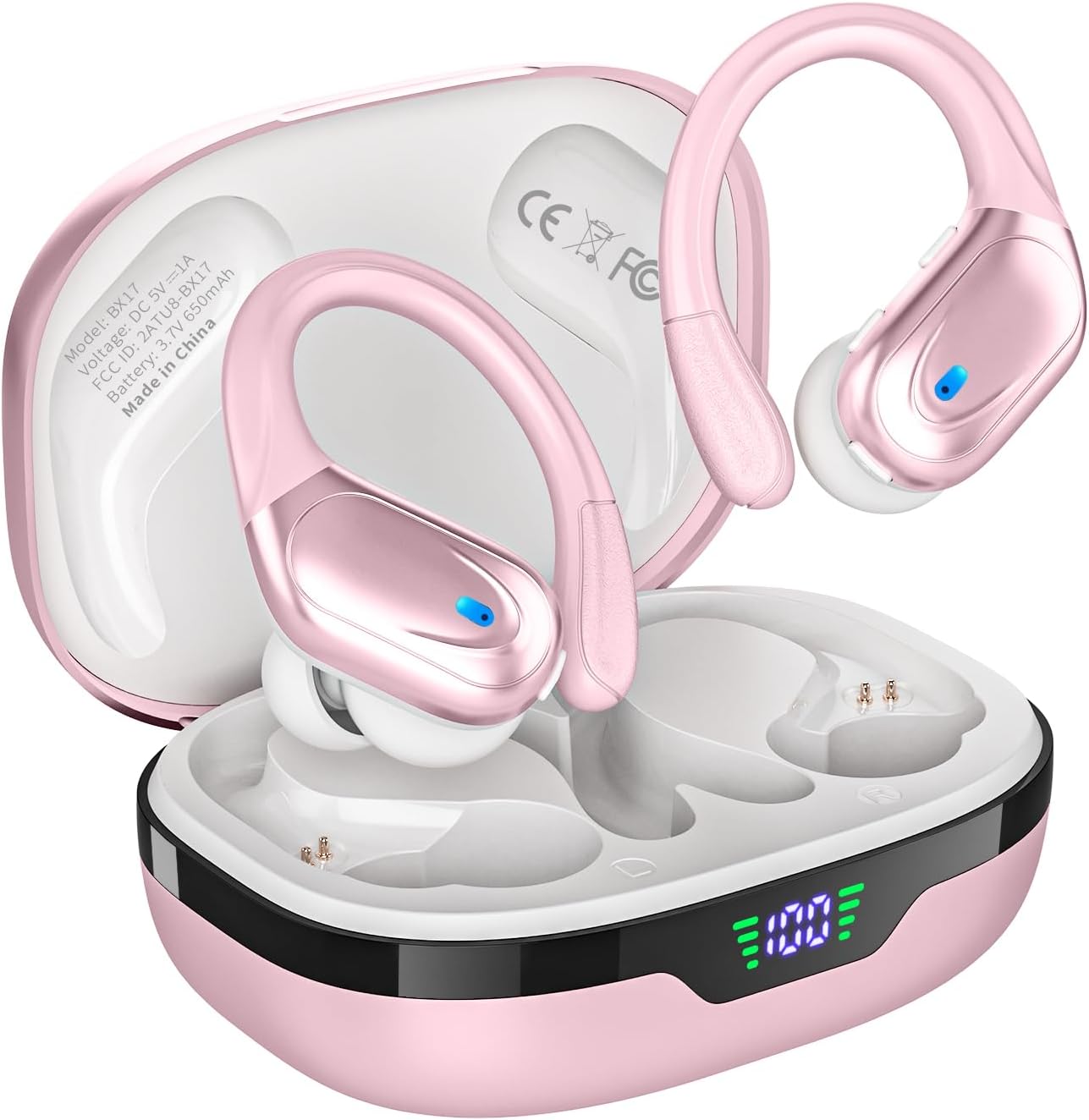 HAOYUYAN Wireless Earbuds, Sports Bluetooth Headphones, 80Hrs Playtime Ear Buds with LED Power Display, Noise Canceling Headset, IPX7 Waterproof Earphones for Workout/Running (Pink)