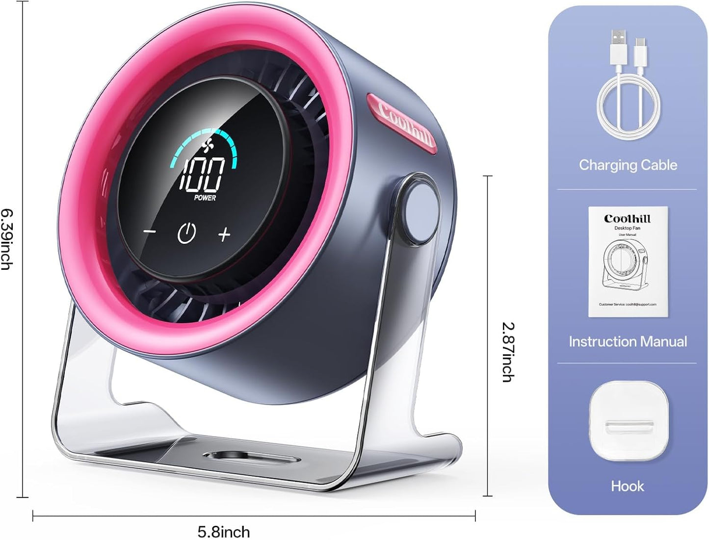 USB Desk Fan for Bedroom: 100 Speeds Digital Display Quiet Portable Fan with Turbo Airflow, 120° Rotating Small Rechargeable Battery Desktop & Wall-Mounted Fans for Bedroom Home Office