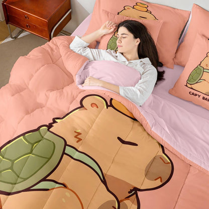 Manfei Cartoon Capybara Comforter Set 7 Pcs Turtle Shell Kawaii Kids Bed Set Lazy Cute Animal Bedding Twin with Comforter,Fitted Sheet,Flat Sheet,Pillowcases,Pillow Covers Twin Peach Pink