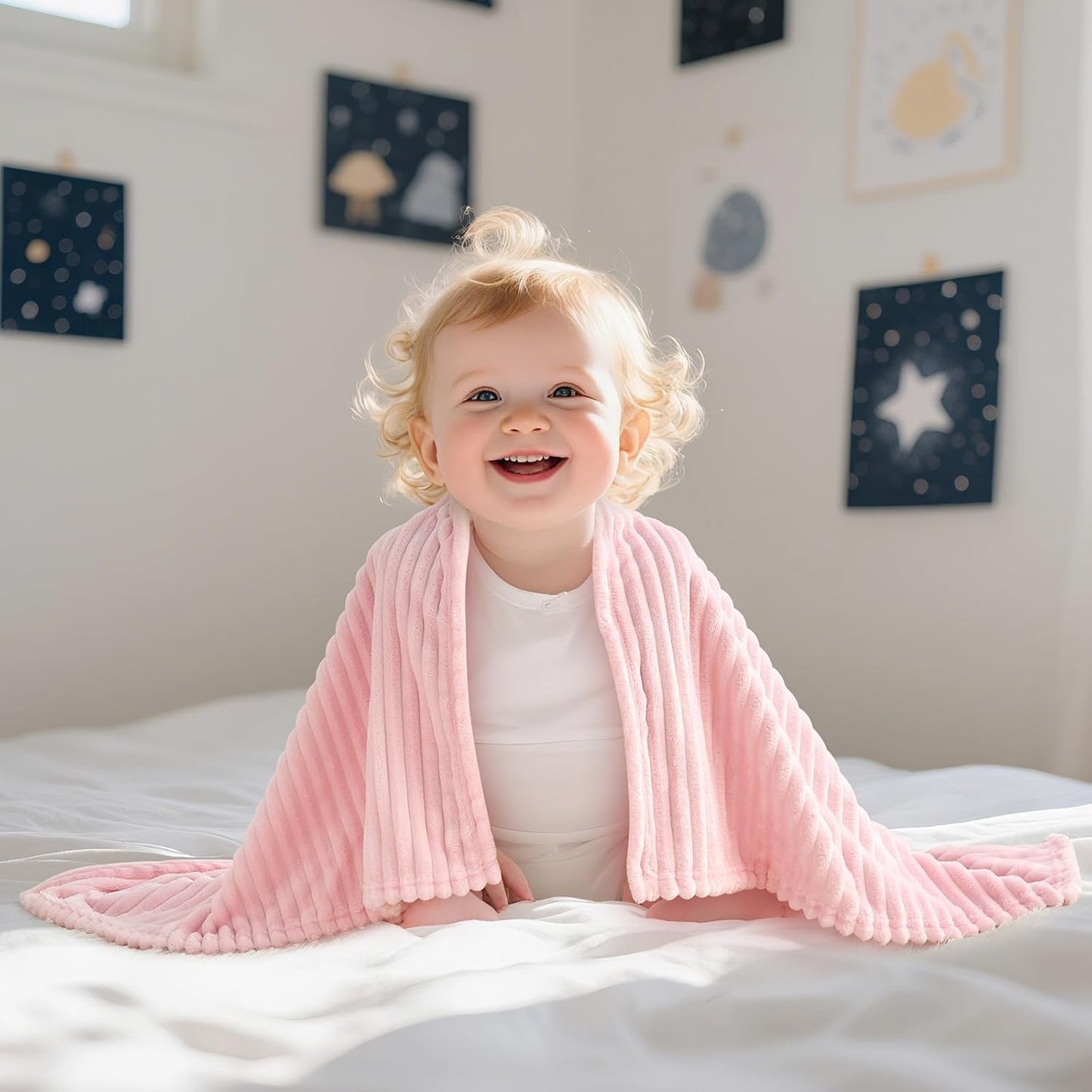 Soft Fleece Baby Blanket Ultra Cozy Pink Baby Blankets for Girls Warm and Lightweight Infant Toddler Newborn Receiving Gift with Reversible Stripes for Crib Stroller, 30x40 Inch, Light Pink