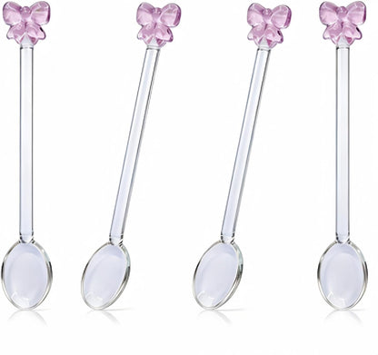 4 Pcs Reusable Pink Bow Glass Spoons Pink Coffee Spoon Dessert coffee stirrer spoon for Bridal engagement party, Wedding, Housewarming,Coquette Bow Party Bachelorette Decoration
