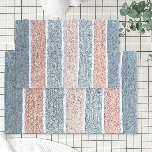 Chardin home Cordural Stripes Bath Mat, Set of 2 Bath Rugs (17 Inches x24 Inches & 21 Inches x34 Inches) | Non Slip Bathroom Rug, Machine Washable, Plush, Highly Absorbent | Grey & Peach/Blush