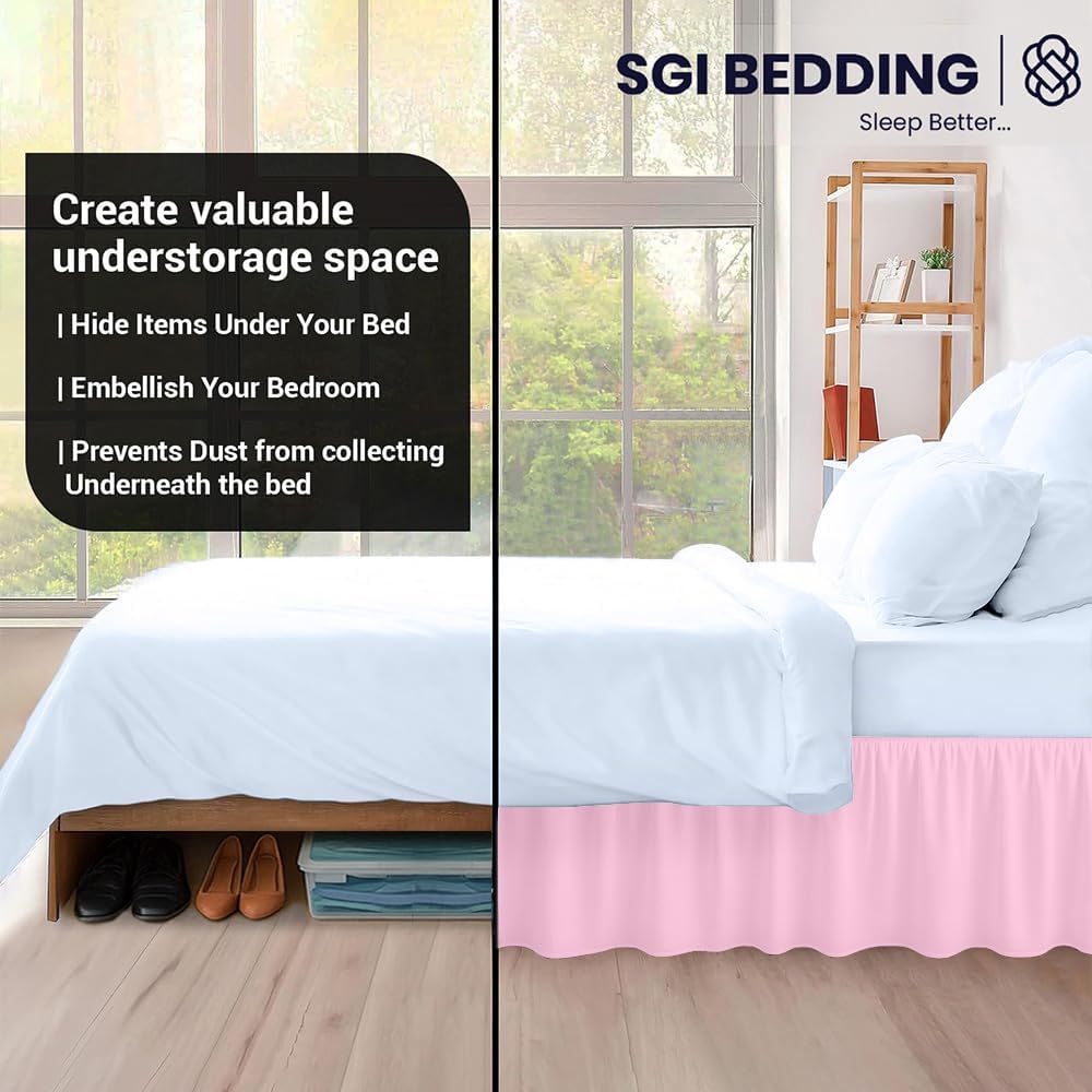 SGI bedding 18 Inch Drop Ruffled Bed Skirt Full Size - Classic Gathered Styling, Platform Style Dust Ruffle with Secure Fit, Split Corners, Wrinkle-Resistant Microfiber - Pink