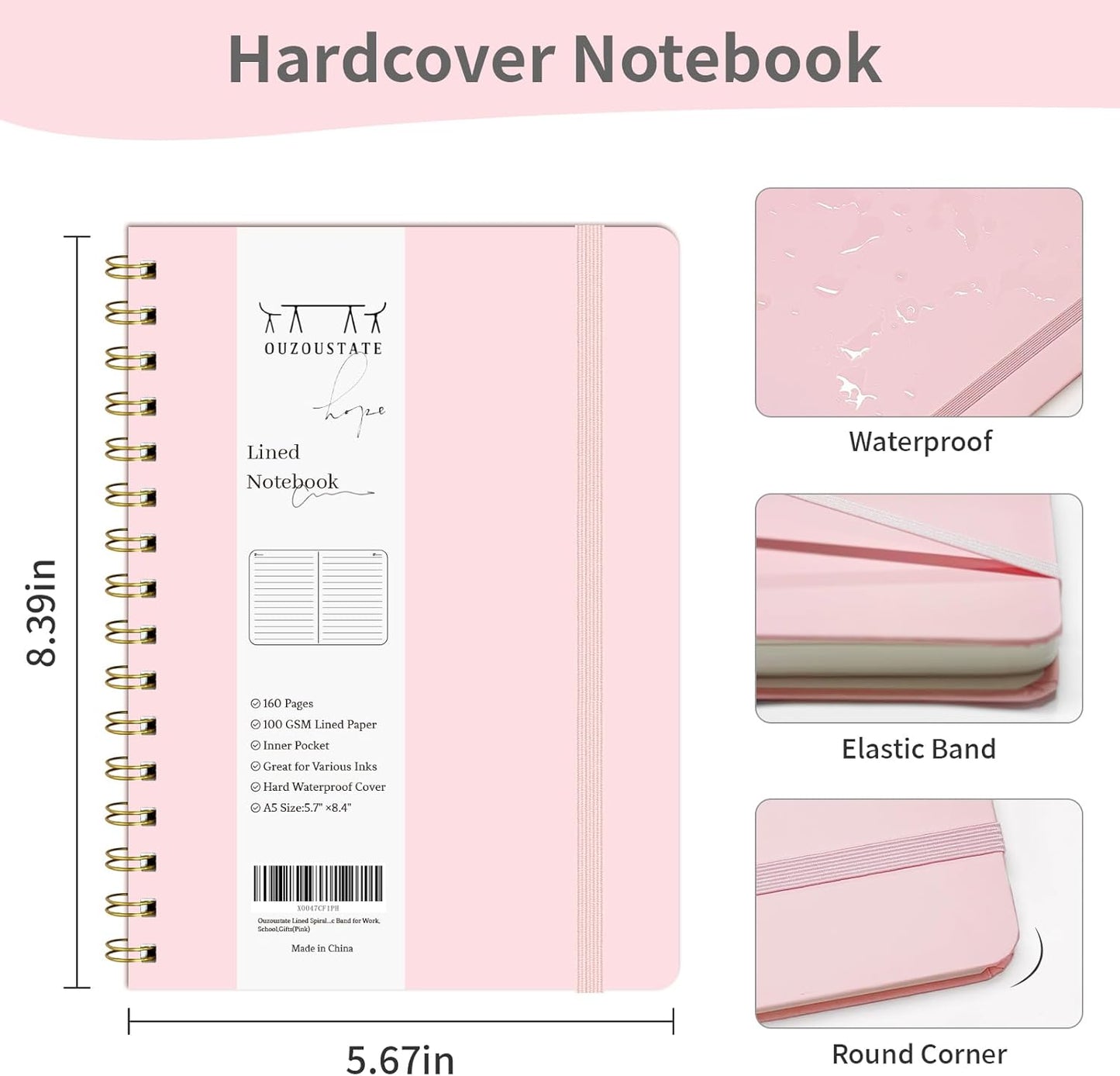 Lined Spiral Notebook 3Pack A5 Pink College Ruled Hardcover Journal 160 Pages-5.67" x 8.4",100 GSM Paper, Spiral Bound Notebook for Work School Note Taking Business