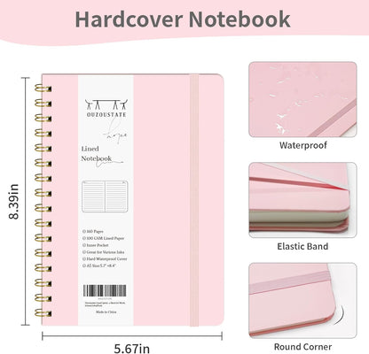 Lined Spiral Notebook 3Pack A5 Pink College Ruled Hardcover Journal 160 Pages-5.67" x 8.4",100 GSM Paper, Spiral Bound Notebook for Work School Note Taking Business