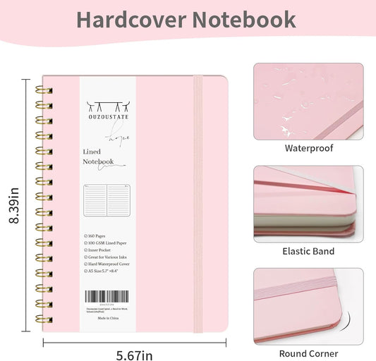 Lined Spiral Notebook 3Pack A5 Pink College Ruled Hardcover Journal 160 Pages-5.67" x 8.4",100 GSM Paper, Spiral Bound Notebook for Work School Note Taking Business