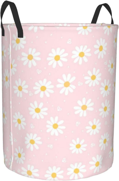 Pink Daisy Flower Large Laundry Basket,Collapsible Laundry Hamper With Handle Floral Room Decor,Round Waterproof Dirty Clothes Hamper Toy Organizer Storage Basket Gift for Home Bedroom Bathroom Decor