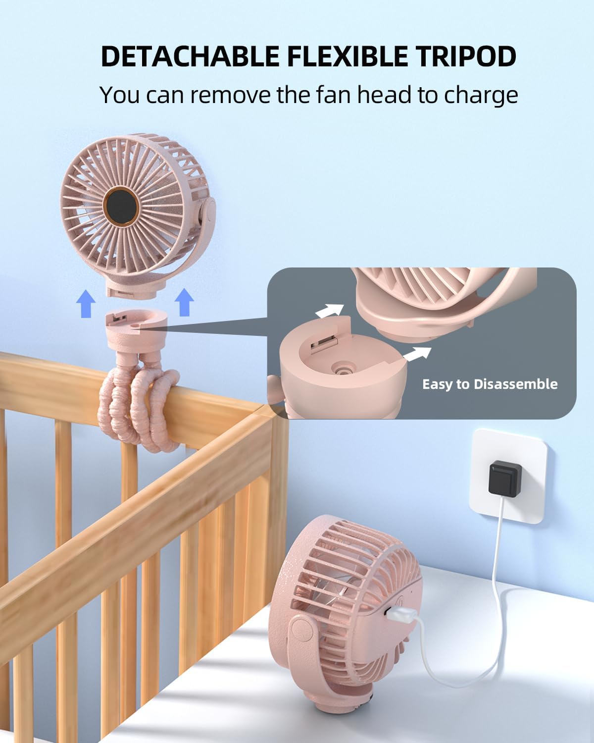 KIDEE Portable Stroller Fan, Personal Baby Fan Battery Operated, LED Display, Small Clip on Fans USB Rechargeable, Mini Desk Fans for Outdoor Travel Car Seat