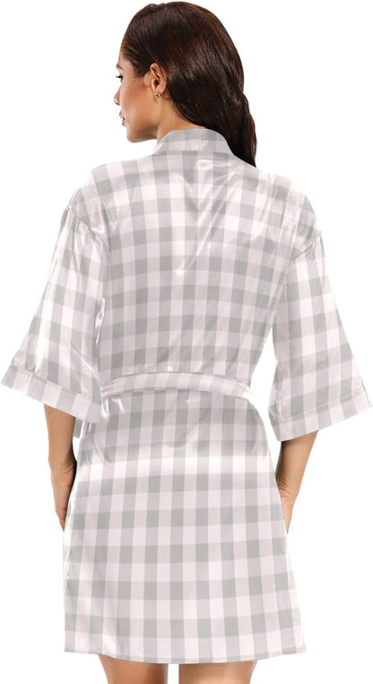 Grayish-pink Checkered Pattern Woman's Bathrobes Classic V Neck Nightshirts for Swim Party