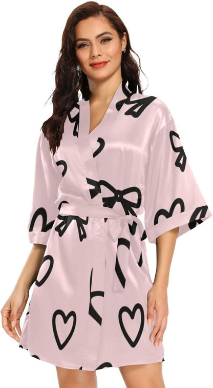 Pink Bow Heart Woman's Bathrobes with Pockets Summer Robe after Shower