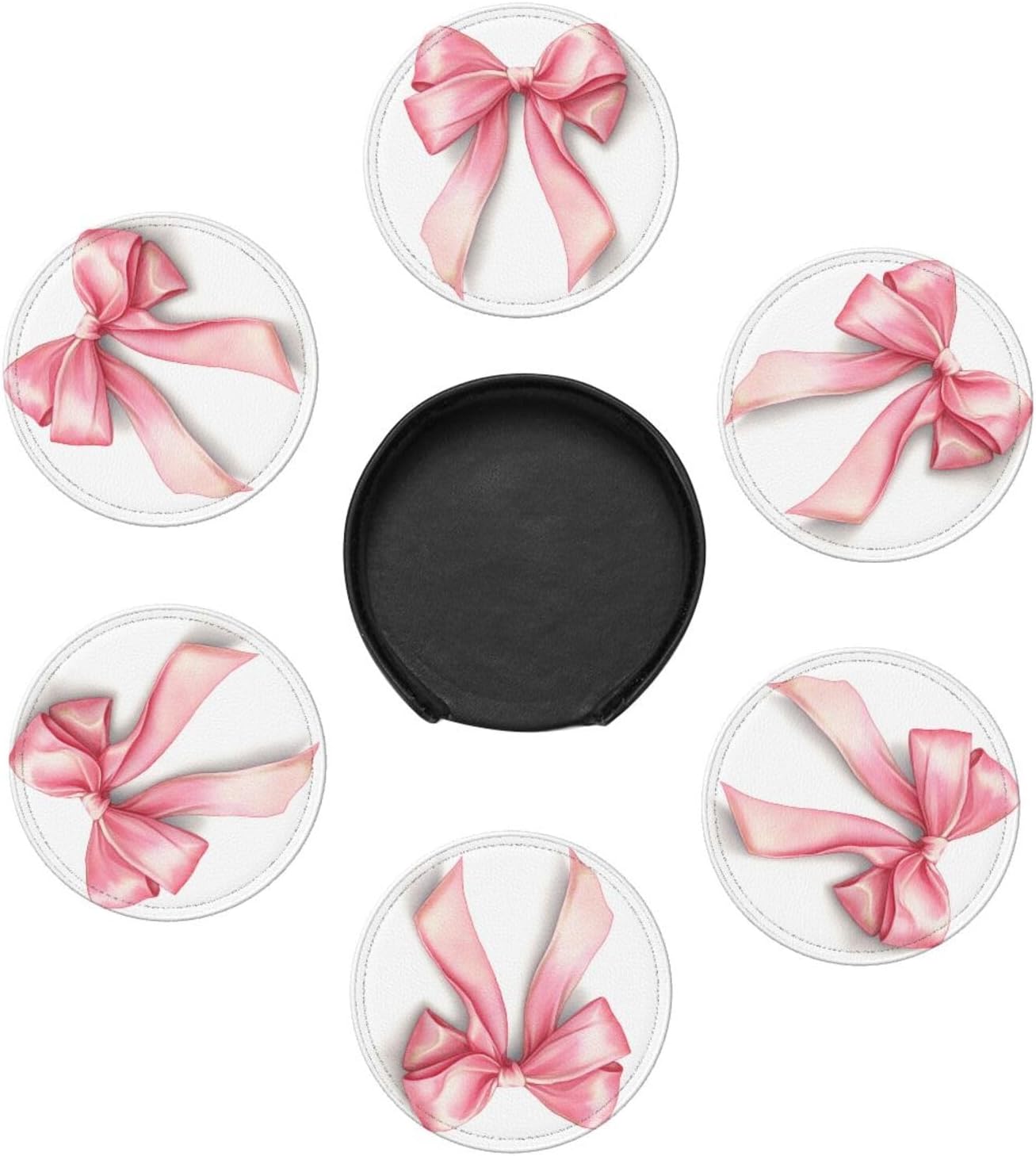 Watercolor Light Pastel Pink Ribbon Bow Premium Leather Coasters, Set of 6 with Holder, Stylish Beverage Coasters for Kitchen Coffee Bar