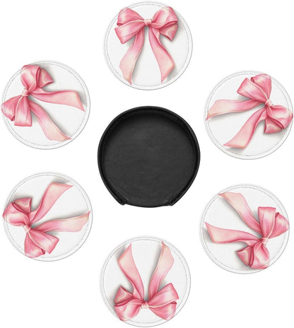 Watercolor Light Pastel Pink Ribbon Bow Premium Leather Coasters, Set of 6 with Holder, Stylish Beverage Coasters for Kitchen Coffee Bar
