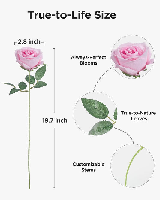 InnoGear 50 Pcs Pink Roses Artificial Flowers, Fake Velvet Silk Rose Bulk Faux Flower for Decoration DIY Wedding Centerpieces Proposal Bridal Bouquets Shower Party Home Floral Decor (50, Pink)
