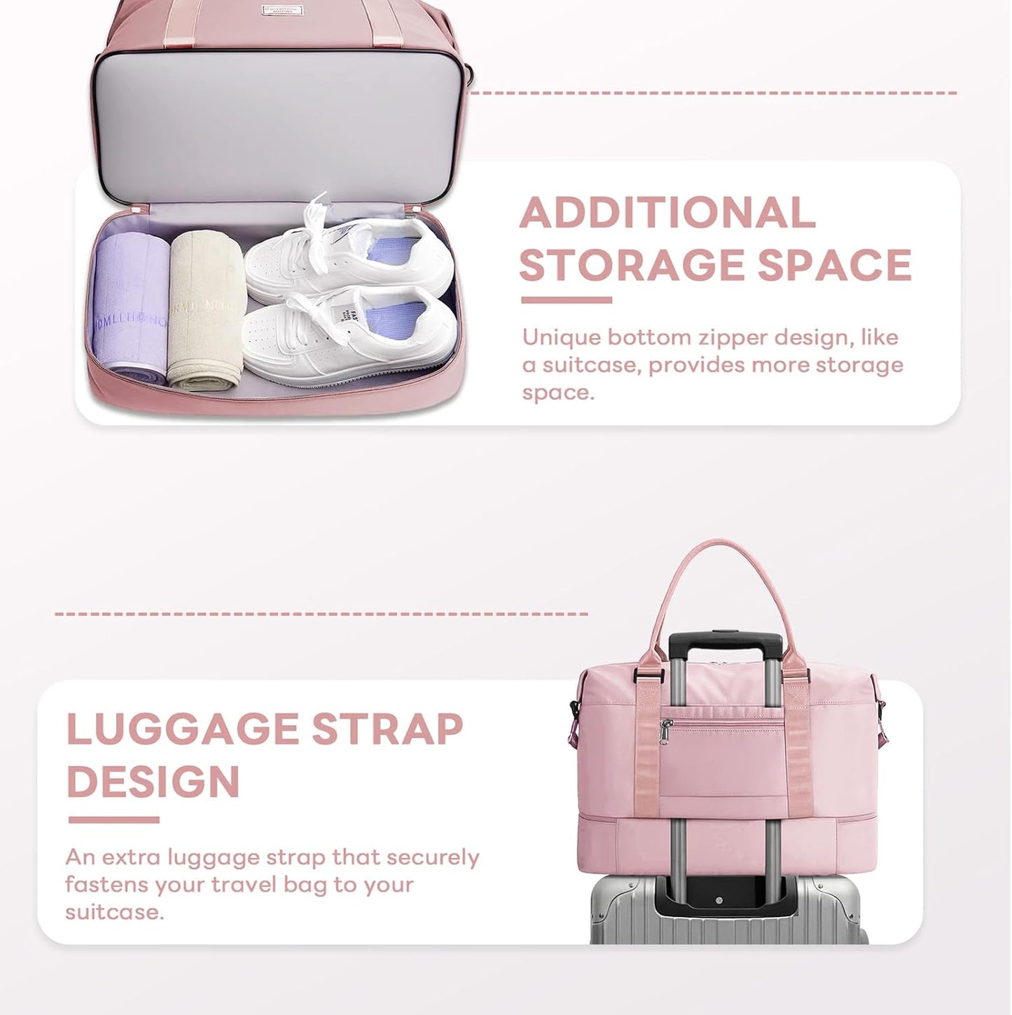 TANTOMI Travel Duffle Bag for Women Personal Item Travel Bag with Shoes Compartment, Weekender Overnight Bag Carry On Duffle Bag Tote Gym Bag for Travel, Sports, Hospital, Dance, Pink