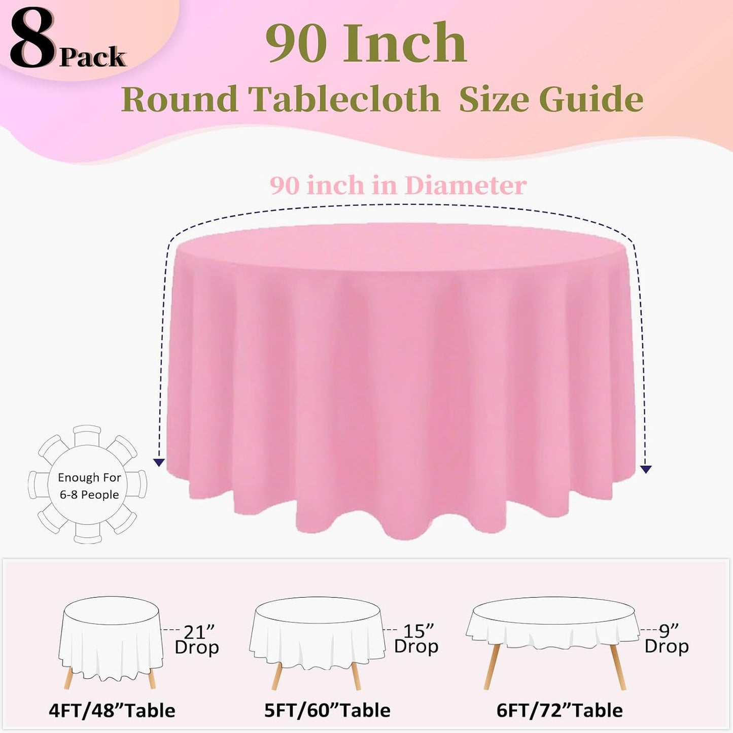 8 Pack Pink Round Tablecloth 90 Inch Round Table Cloth, Wrinkle Resistant and Washable Tablecloth Polyester Fabric Table Cloth Round Cover for Dining Wedding Banquet Party