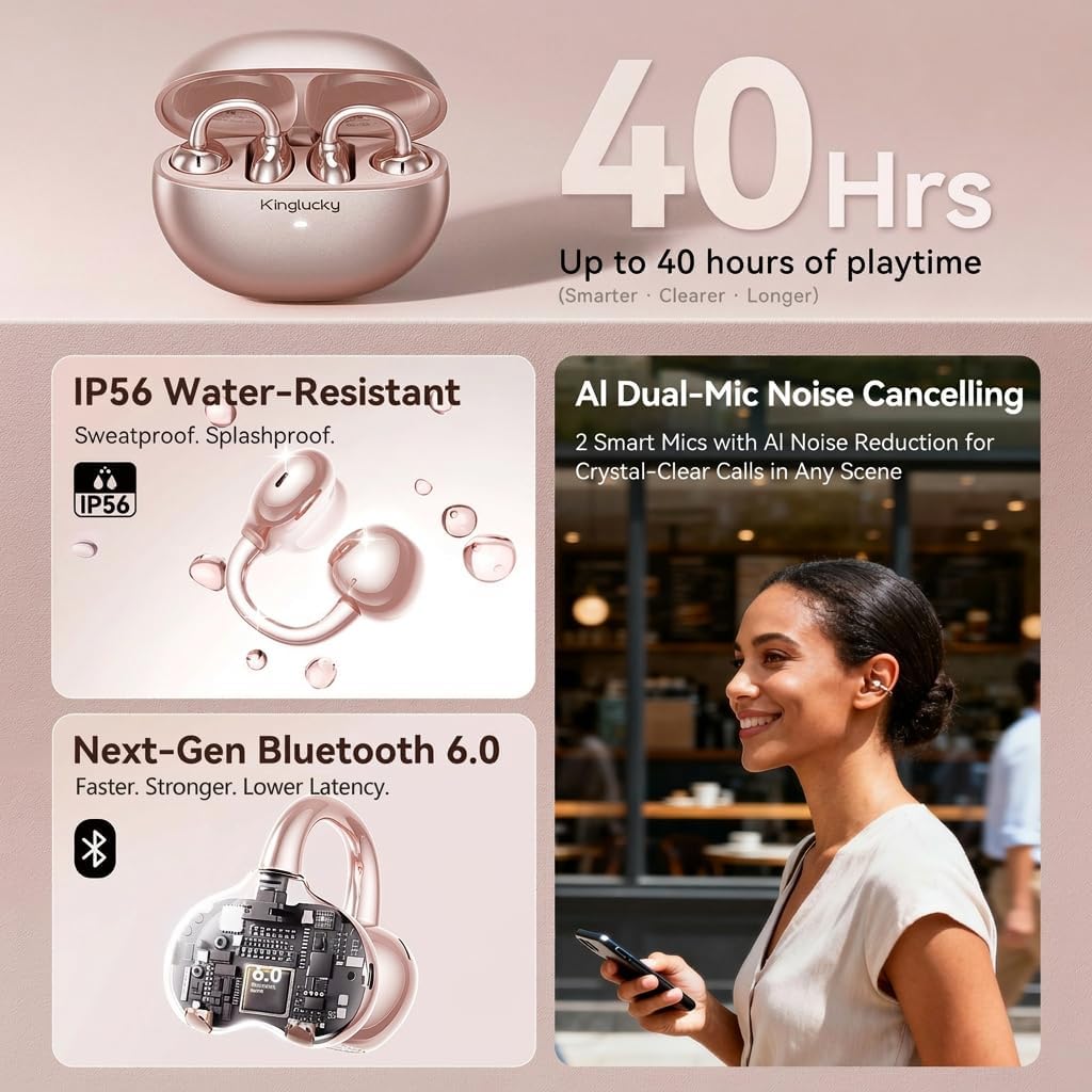 Kinglucky Upgraded Clip-On Earbuds Bluetooth 6.0 Wireless Headphones Open Ear Buds Comfortable Fit & Crystal-Clear Sound, 40H Playtime for Women & Kids Ideal for Small Ears, Sports, Glasses Rose Gold