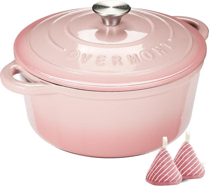 Overmont Enameled Cast Iron Dutch Oven 5.5QT pink + Overmont 2 in 1 Pre Seasoned Dutch Oven combo