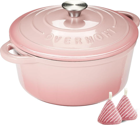 Overmont Enameled Cast Iron Dutch Oven 5.5QT pink + Overmont 2 in 1 Pre Seasoned Dutch Oven combo