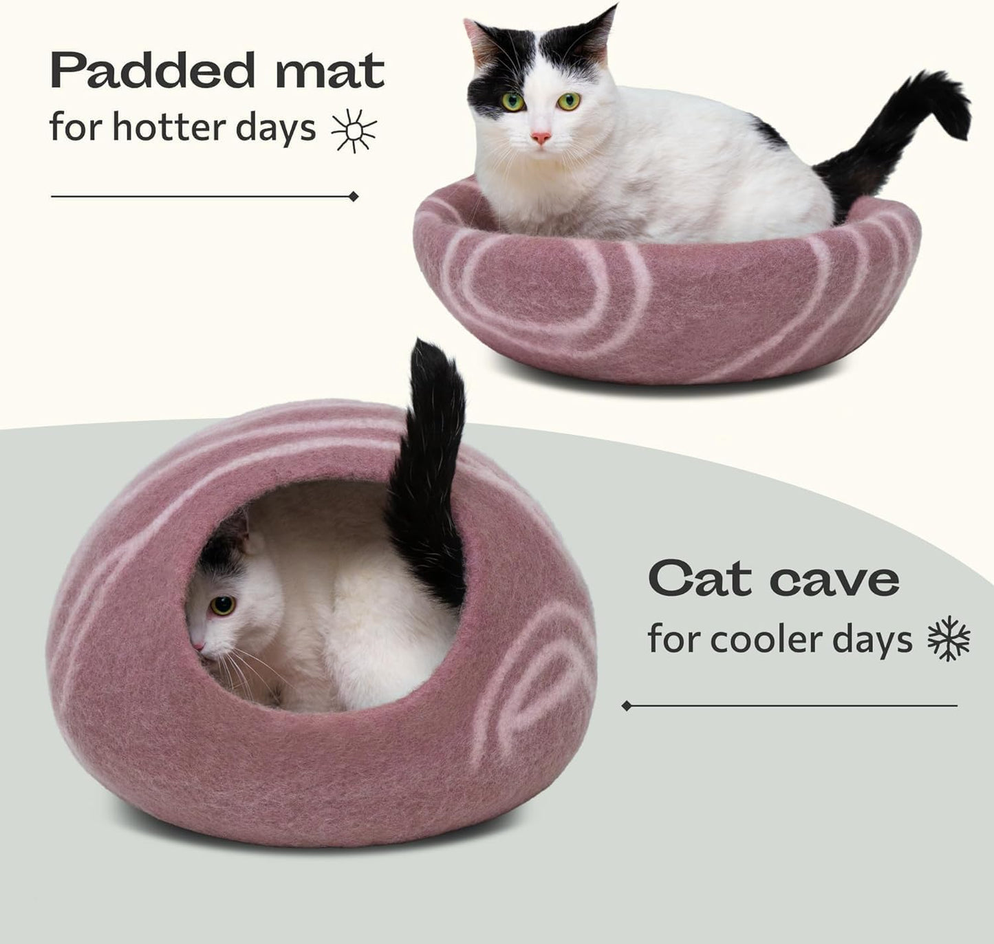 MEOWFIA Cat Cave – Premium Felt Cat Bed Enclosure for Indoor Cats, Handmade Merino Wool (Rose Gold, Large)