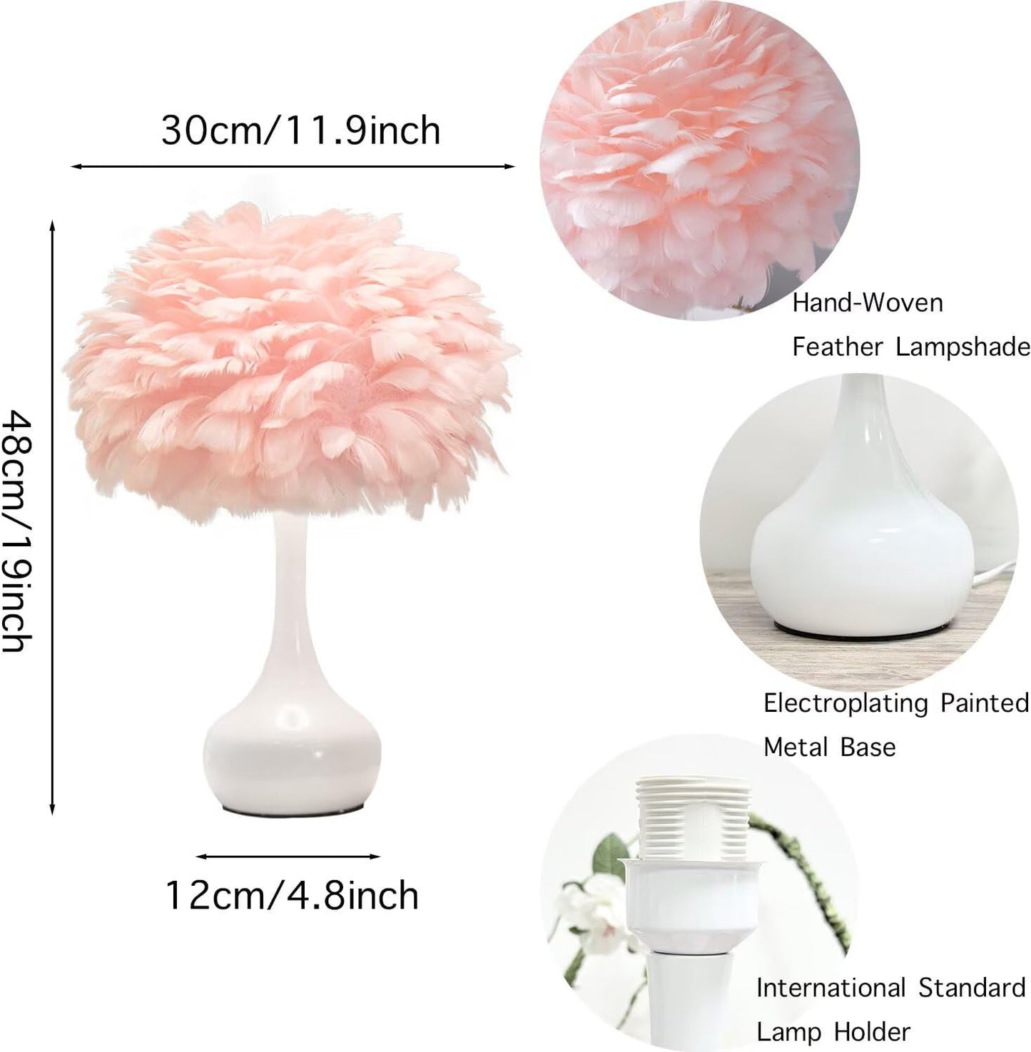 Elegant White Feather Table Lamp Bedside Lamp with Touch Switch Feather Table Light Desk Feather Lampshade for Bedroom, Home Decoration, Pink