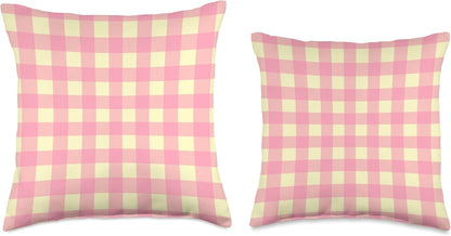 Cute Light Pink Yellow Plaid Gingham Check Checkered Pattern Throw Pillow