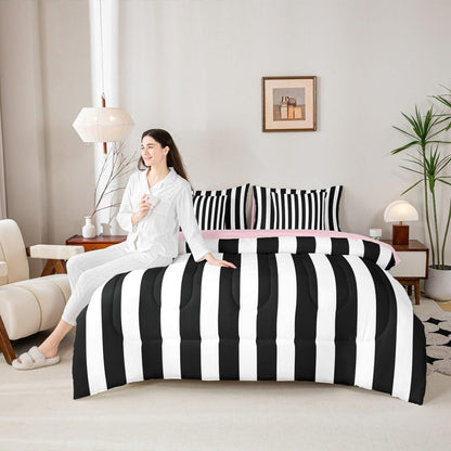 Erosebridal Black and White Striped Queen Comforter Set | Striped Bed in a Bag with Flat and Fitted Sheet Pink and Black 7-Piece Bedding Set for Kids Teens Adults Cute Pinstripe Girls Quilt Duvet Sets