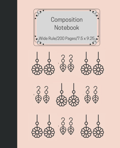 Composition Book: Cute Earring Design Peach Cover Notebook, 200 page, 7.5" x 9.25", Wide Ruled For Girls, Teens, Students