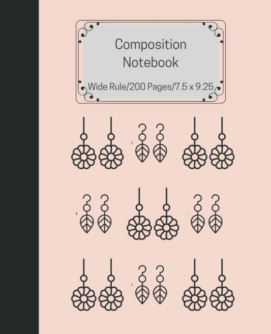 Composition Book: Cute Earring Design Peach Cover Notebook, 200 page, 7.5" x 9.25", Wide Ruled For Girls, Teens, Students